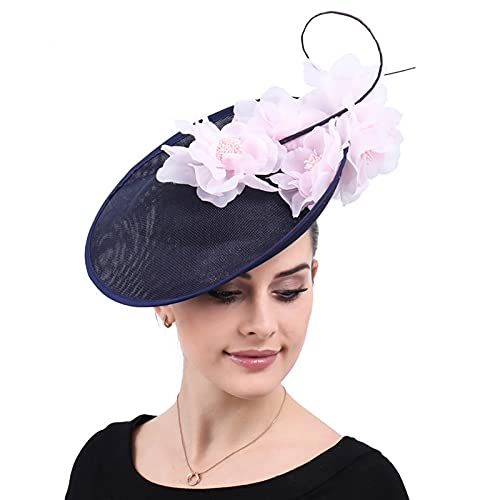 ORIDOOR Women Fascinators Derby Church Tea Party Wedding Flower Feathers Headpiece with Headband Clips - color: 06a-navy Blue+pink