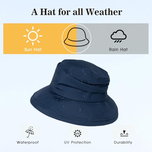 Comhats Women's Waterproof UPF 50+ Wide Brim Packable Rain Hat - color: 737_navy, size: Medium
