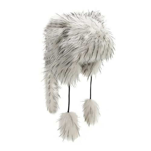Raccoon Tail Parent-Child Plush Hat Warm Faux Fur Animal Hat with Tail - color: Adult Style-white