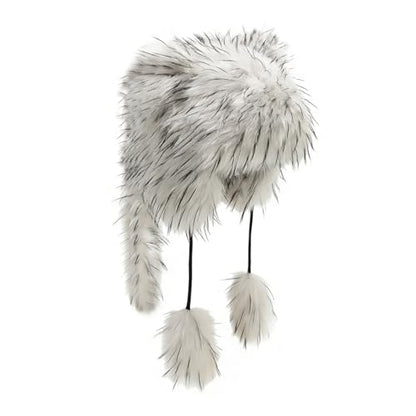 Raccoon Tail Parent-Child Plush Hat Warm Faux Fur Animal Hat with Tail - color: Adult Style-white