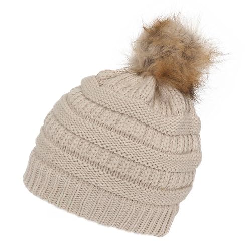 Gravity Threads Cable Knit Faux Fur Pom Pom Beanie Hat - color: Beige