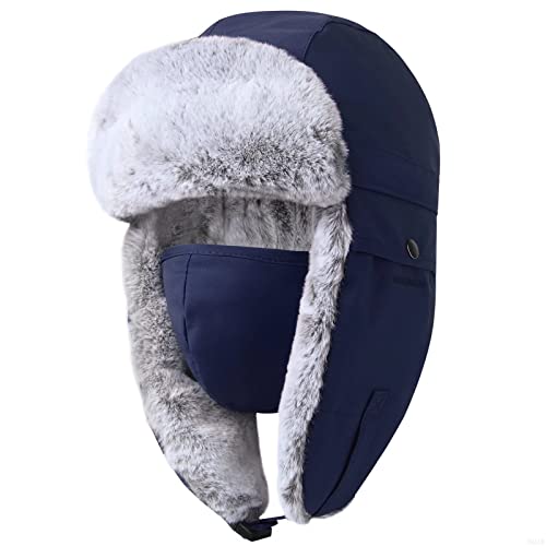 GADIEMKENSD Winter Trapper Hat with Ear Flap Chin Strap and Windproof Mask - color: Navy, size: 6 3/4-7 1/4