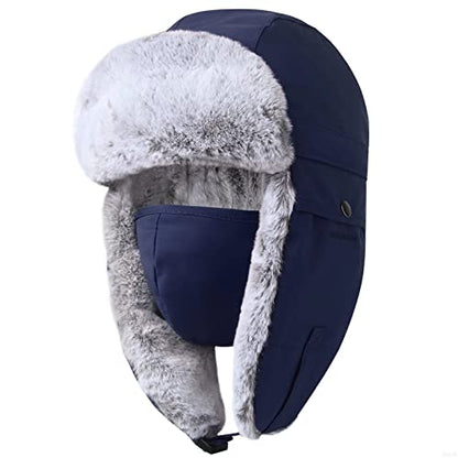 GADIEMKENSD Winter Trapper Hat with Ear Flap Chin Strap and Windproof Mask - color: Navy, size: 6 3/4-7 1/4