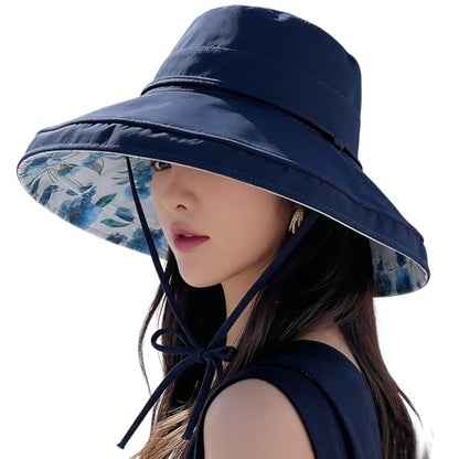 HUAMULAN Women Wide Brim Reversible Sun Hat Summer Beach Fishing Bucket - color: Navy Floral