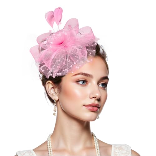 Zando Kentucky Fascinators Hats for Women Derby Tea Party Hat Flower Mesh Feathers Headband Headwear Hair Clip Girls - color: B Pink