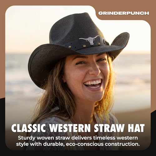 grinderPUNCH Straw Cowboy Hat for Men Women Western Cowgirl Outback Sun Hat - color: Black