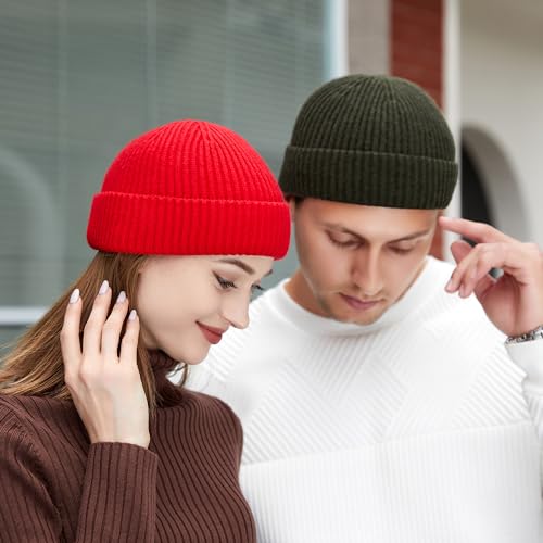 3 Pack Wool Fisherman Beanies for Men, Short Knit Watch Cap Cuffed Hats - color: H-black, Green, Red