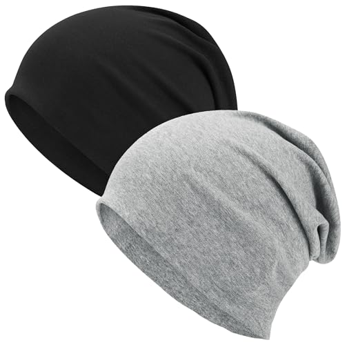 ROYBENS 100% Cotton T-Shirt Beanie for Women Men Slouchy Soft Skull Cap - color: 2pcs-black, Light Grey