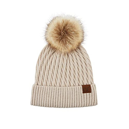 C.C Hatsandscarf Exclusives Unisex Solid Ribbed Beanie with Pom (HAT-43) - color: A Honey Comb Pattern(rayon)-beige