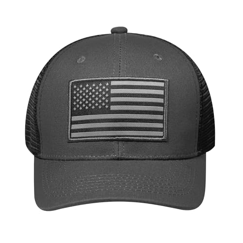 American Flag Trucker Hat, Patriotic Baseball Cap for Men & Women, Breathable Mesh Adjustable Snapback, USA Flag Patch - color: Dark Gray/Black