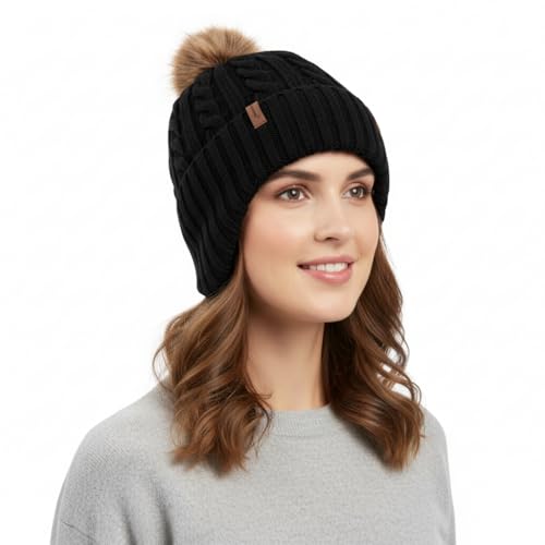 Comhats Wool Beanie with Ear Flaps and Removable Pompom, Winter Warm Hat - color: 95566a_black