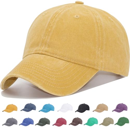 Vintage Washed Cotton Plain Baseball Caps Adjustable Unstructured Blank Casual Dad Ball Hats for Men Women, M/L/XL/XXL - color: Yellow, size: Medium-Large