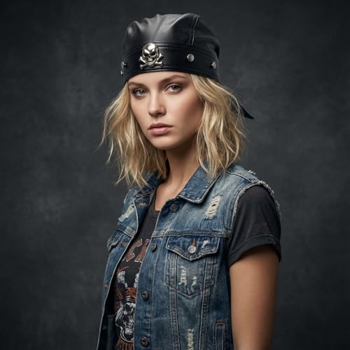 Leather Biker Skull Cap for Women Adjustable Skull Motorcycle Hat with Snug Fit, Stylish Biker Head Wrap & Riding Cap - color: Skull