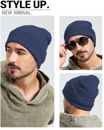100% Cotton Beanie Lengthen Cuffed Beanies Knit Winter Hats Unisex - color: 1-navy Blue