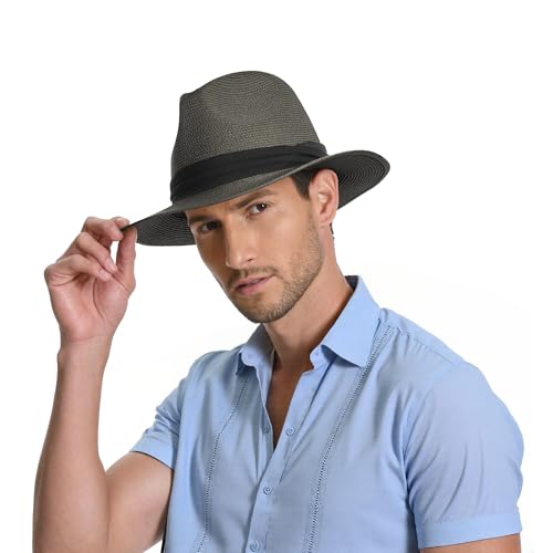 Sun Hat Straw Fedora Hats for Men Women Beach Hat Panama Hat Men Wide Brim Summer Hats UPF80+ - color: Grey, size: Medium