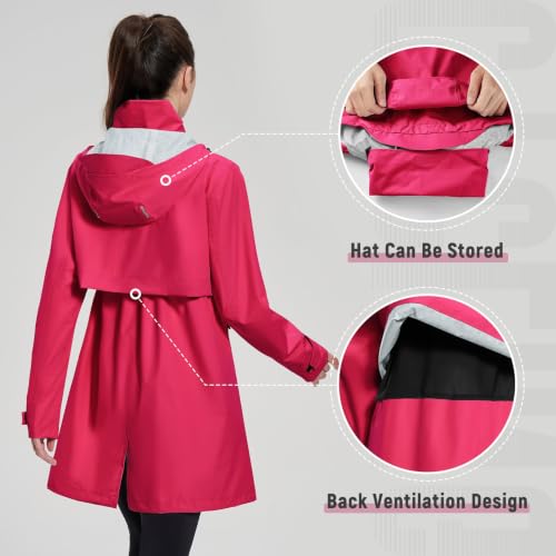 baleaf Women's Long Rain Coat Lightweight Packable Jacket with Hood - color: Rose Red, size: XX-Large