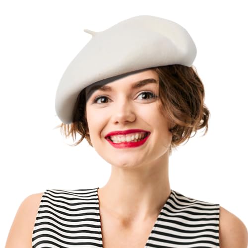 French Beret Hats for Women - Soft Warm Wool Solid Color Beanie Winter Cap - color: White