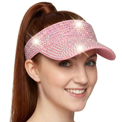 Women Shiny Rhinestone Bling Sun Visor Adjustable Tennis Beach Ponytail Hat - color: Pink Hat+pink Rhinestone