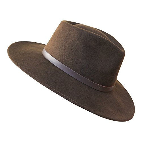 B&S Premium Lewis - Wide Brim Fedora Hat - 100% Wool Felt - Water Resistant - Leather Band - color: Dark Brown, size: 7 3/4