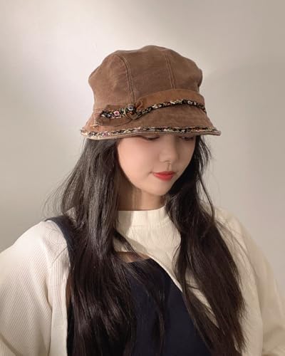 Women Denim Bucket Hat Brim with Floral Foldable Versatile Cap - color: Coffee