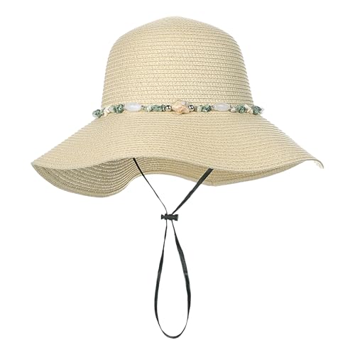 Womens Straw Sun Hat Wide Brim Summer Beach Hat with Beaded Trim Summer Foldable Floppy Hat for Travel Vacation UV Protection - color: Beige