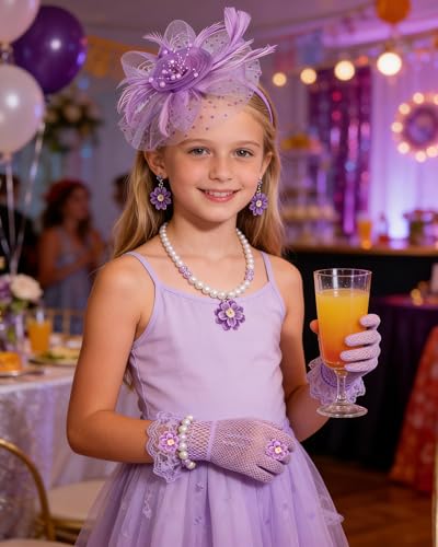 Girls Tea Party Fascinators Hats Girls Church Hats 20s 50s Pillbox Hat Cocktail Mesh Flower Pearl Feather Headband - color: Purple