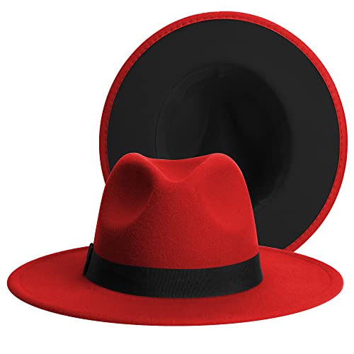Womens & Mens Fedora Hats, Wide Brim Fedora Hats for Women Men - color: R-red/Black, size: Small-Medium