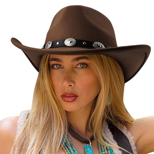 DRESHOW Women Men Classic Felt Wide Brim Western Cowboy & Cowgirl Cap Belt Buckle Retro Panama Hat Unisex Rolled up Caps - color: 1 Pack: Coffee (Hat Circumference: 22-22.8")