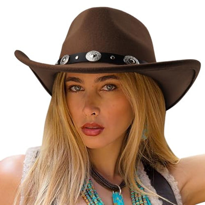 DRESHOW Women Men Classic Felt Wide Brim Western Cowboy & Cowgirl Cap Belt Buckle Retro Panama Hat Unisex Rolled up Caps - color: 1 Pack: Coffee (Hat Circumference: 22-22.8")