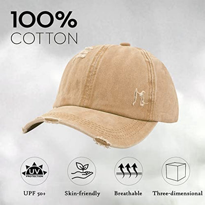 Criss Cross Ponytail Hat Women Washed Distressed Baseball Caps Adjustable High Messy Bun Ponycap - color: B - Denim Khaki