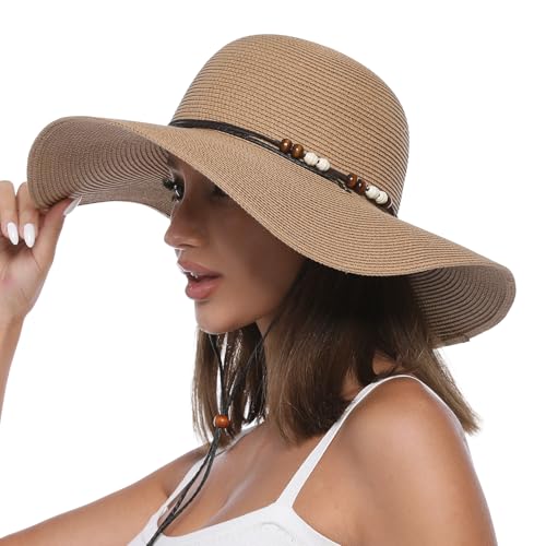 Womens Floppy Straw Sun Hat Wide Brim UPF 50 Sun Protection Packable Summer Beach Hats with Wind Lanyard - color: Khaki, size: Medium