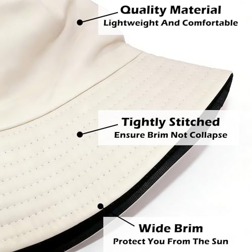 Bucket Hat for Men and Women 2-in-1 Reversible Sun Protection Fashion Flat Top Cap for Fishing Travel Beach Sports - color: Beige-black