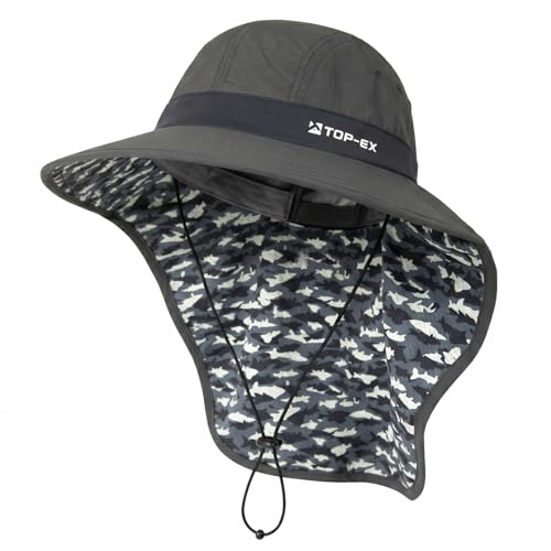 TOP-EX UPF 50+ Cooling Wide Brim Sun Hat for Men with Neck Flap, Packable - color: Dark Grey - Fish Camo, size: X-Large-XX-Large