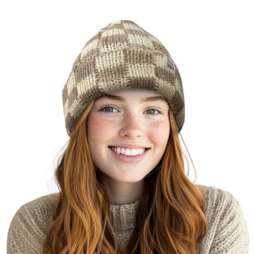 CLAPE Womens Cute Slouchy Beanies Hats, Winter Warm Chunky Checkered Beanie Large Cuff Knitted Hat Ski Cap for Cold Weather - color: Kh56-cream Color