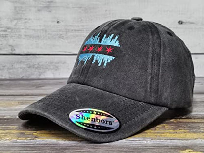 America State City Flag Hats - color: Chicago Illinois Skyline Flag (Washed Black)