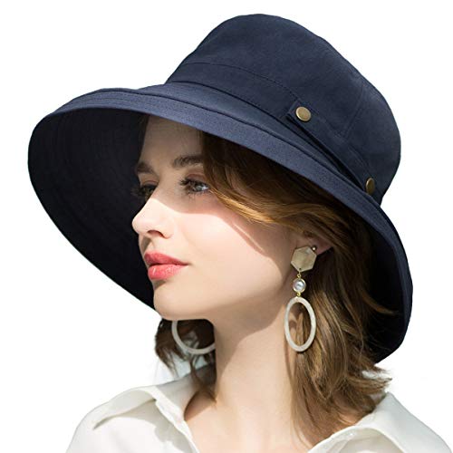 Womens Cotton Wide Brim Sun Hats UPF50+ UV Packable Beach Hat Summer Bucket Cap for Travel - color: Button Decoration-dark Blue