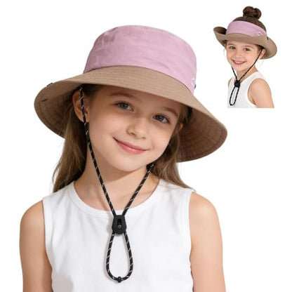 ZOORON Kids UPF 50+ Sun Hat for Boys Girls Wide Brim Lightweight Bucket Hat for Hiking Beach Safari, Quick Dry Adjustable - color: 1pack-coffee Pink