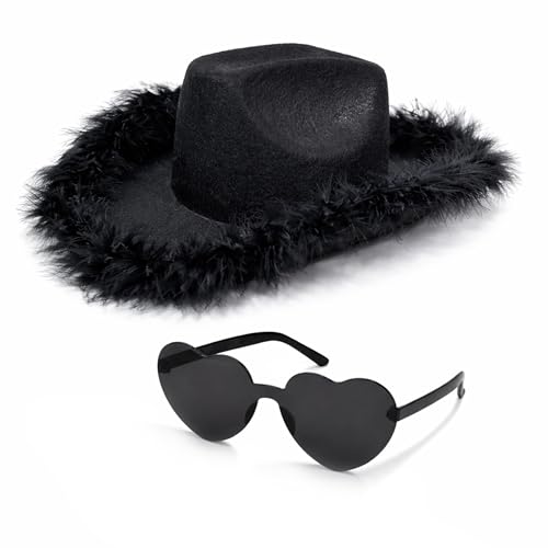 4E's Novelty Cowboy Hat with feathers With Heart Shaped Sunglasses for Women, Felt Cowgirl Hat for Party Costume Dress Up - color: Black