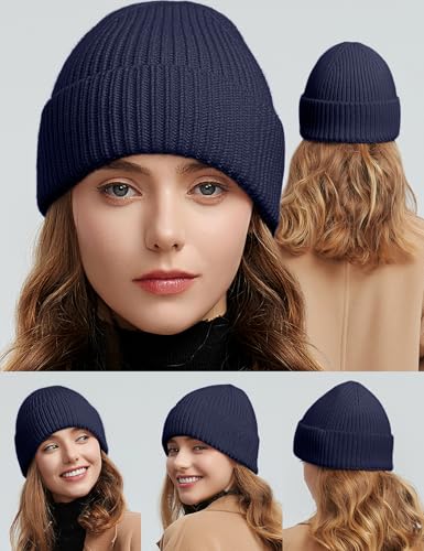 vidsel 50% Wool Thick Beanie Hat Men Women, Seamless Cuffed Winter Knit Cap - color: 1pcs Navy Blue