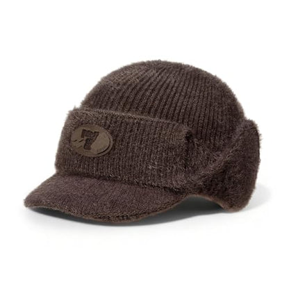 CLAPE Cozy Head Beanies with Brim, Small Billed Beanie for Cold Weather Mens Winter Warm Knit Hat with Ear Flaps - color: Kh25d18-brown