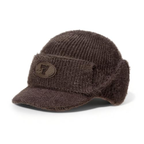 CLAPE Cozy Head Beanies with Brim, Small Billed Beanie for Cold Weather Mens Winter Warm Knit Hat with Ear Flaps - color: Kh25d18-brown