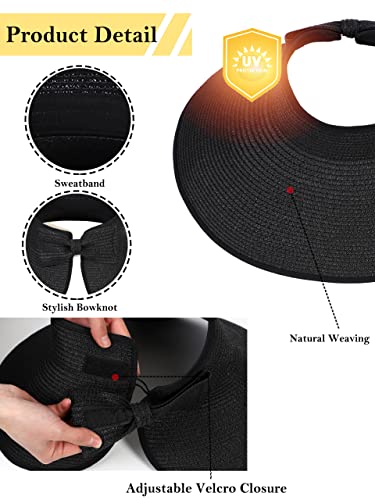 sy soul young Women's Straw Hat with Ponytail Hole Wide Brim Visor Sunhat - color: Black