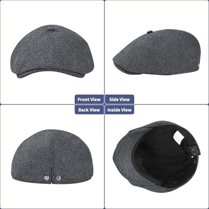 Men's Wool Blend Newsboy Cap Adjustable Gatsby Ivy Newsies Cabbie Hat Classic 8 Panel Tweed Flat Winter Hat - color: Plaid Darkgrey_1, size: Medium
