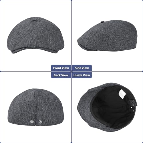 Men's Wool Blend Newsboy Cap Adjustable Gatsby Ivy Newsies Cabbie Hat Classic 8 Panel Tweed Flat Winter Hat - color: Plaid Darkgrey_1, size: Large