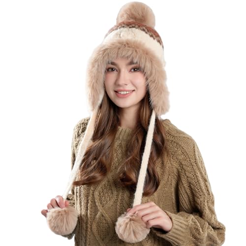 Women Winter Sherpa Beanie Hats Knit Ear Flap Hat Fleece Lined - color: Patterned Beige