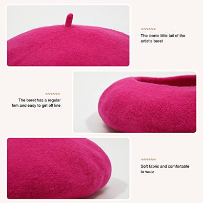 Women French Wool Beret Hats - Solid Color Classic Beanie Winter Cap - color: Rose