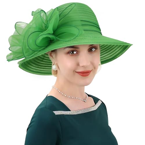 DRESHOW Lady Derby Dress Church Bowler Cloche Hat Bowknot Organza Bridal Cap for Wedding - color: 1 Pack: Green