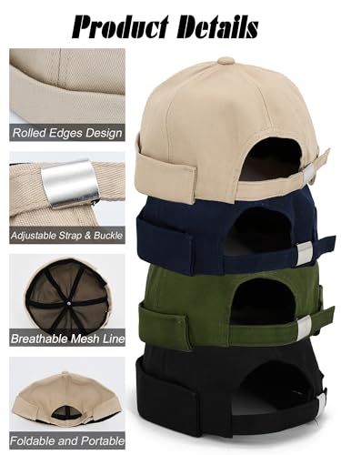 4 Pcs Brimless Hat Docker Cap No Brim Hats Skull Caps Rolled Cuff Beanie Hip Hop Hats with Buckle for Men - color: Khaki,army Green,navy Blue, Black
