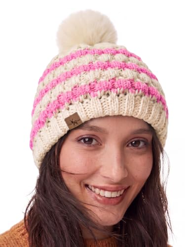 Winter Hats for Women Cable Knit Chunky Skull Cap Fleece Lined Thick Fold Cuff Beanie hat - color: Pink & Cream Beanie, style: Pineapple