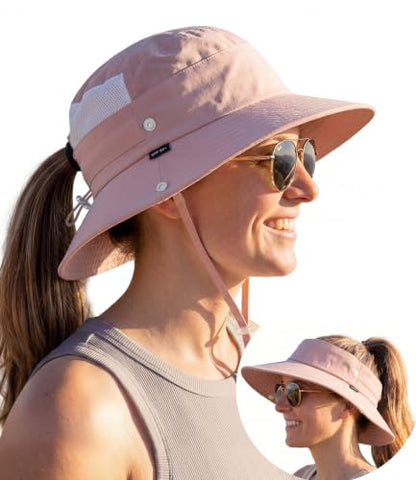 2-in-1 Womens Bucket Sun Hats, Sun Visor Hat, UPF 50+ Wide Brim, Ponytail-Friendly, Packable, Hiking Outdoor - color: Pink